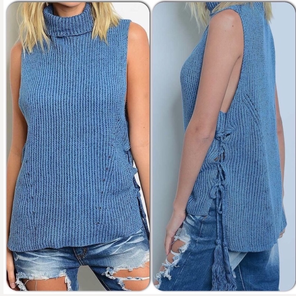 Blue Sleeveless Turtleneck Sweater Top Size Small NWT